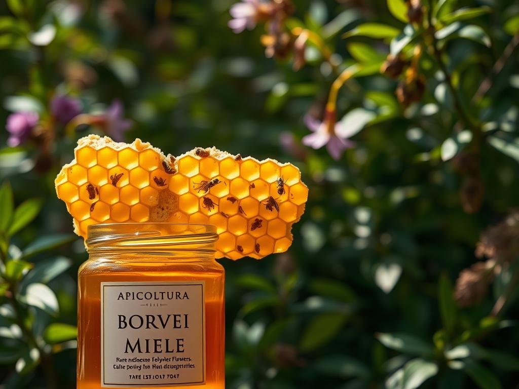 A delicate, artisanal honeycomb, its golden hues glistening under soft, natural lighting. The intricate patterns of rare, indigenous flowers from the Italian countryside adorn the surface, their delicate petals captured in exquisite detail. In the foreground, a glass jar proudly displays the label "APICOLTURA BORVEI MIELE", showcasing the exceptional quality of this rare, plant-derived nectar. The background is filled with lush, verdant foliage, hinting at the rich, untamed landscapes from which this precious miele has been harvested. An atmosphere of rustic elegance and artisanal craftsmanship permeates the scene, inviting the viewer to savor the unique flavors and aromas of this exceptional, plant-based honey.