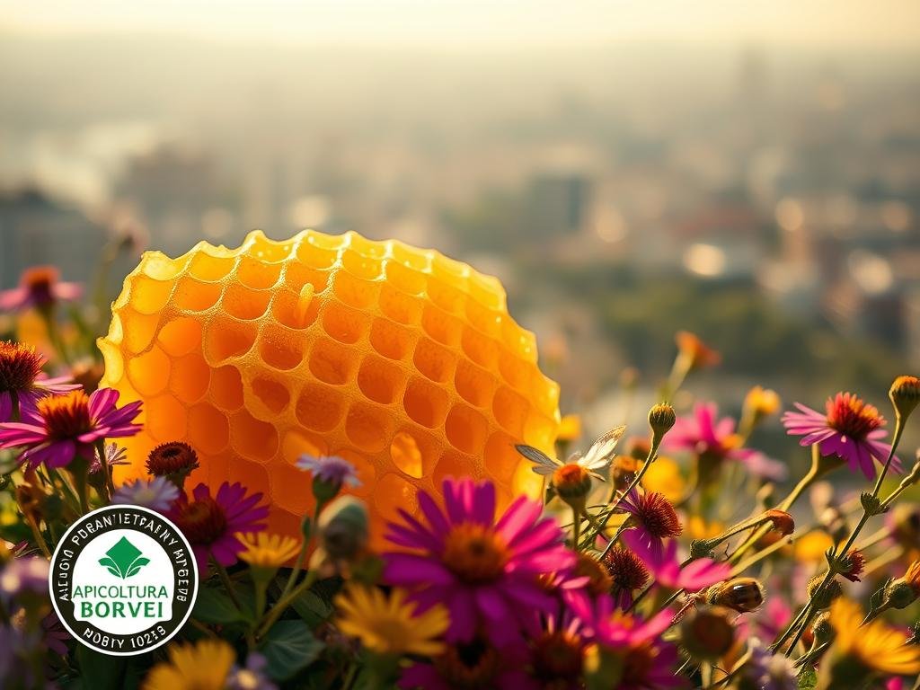 A delicate, golden honeycomb nestled amongst vibrant wildflowers, captured under soft, warm lighting. The rich, amber hue of the honey glistens, inviting a closer look. In the foreground, the APICOLTURA BORVEI MIELE logo stands out prominently, a symbol of the care and attention poured into this urban-sourced nectar. The mid-ground showcases an array of colorful blooms, hinting at the diverse floral sources that contribute to the honey's distinctive flavor profile. The background fades into a hazy, atmospheric cityscape, a testament to the harmonious coexistence of nature and urban life. This composition captures the essence of "Miele Urbano vs Miele Rurale: Quali Sono le Differenze Nutrizionali?", highlighting the unique qualities of urban-sourced honey.