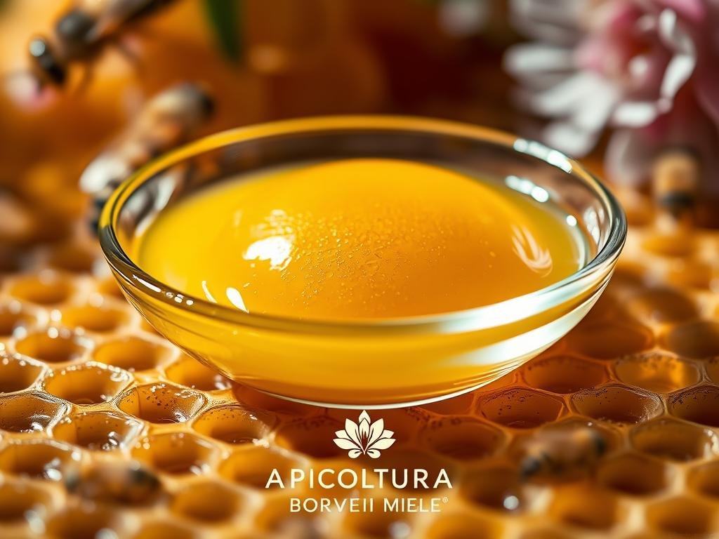 A delicate, golden-hued gooey substance glistens in a shallow glass dish, set against a backdrop of honeycomb cells and a vibrant, floral-inspired environment. The pappa reale, or royal jelly, is the centerpiece, captured in a close-up shot that highlights its creamy, nutrient-rich texture. Warm, natural lighting casts a soft glow, accentuating the luxurious and regal nature of this essential bee product. In the foreground, the APICOLTURA BORVEI MIELE brand logo is subtly incorporated, lending an authentic, artisanal feel to the scene. This image aims to visually represent the key role that royal jelly plays in the development of a queen bee, as described in the article section "Il Ruolo della Pappa Reale nello Sviluppo".