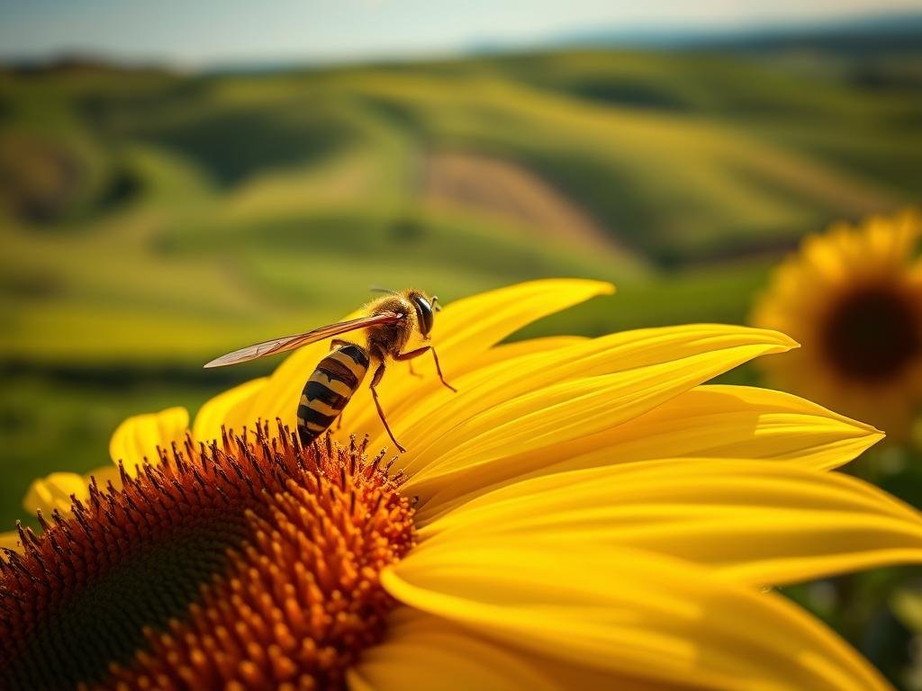 A delicate wasp nestled on a vibrant yellow sunflower, its gossamer wings gently fluttering in the warm breeze. The intricate details of its striped abdomen and sharp sting are captured in crisp focus, highlighting the power and precision of nature's design. The sunflower's petals radiate outward, creating a serene and peaceful backdrop that evokes a sense of tranquility. The lighting is soft and diffused, casting a golden glow that enhances the overall mood. In the background, a rolling Italian countryside landscape stretches out, with lush green hills and a clear blue sky. The image embodies the spirit of "APICOLTURA BORVEI MIELE", a harmonious coexistence between the natural world and the artisanal craft of beekeeping.