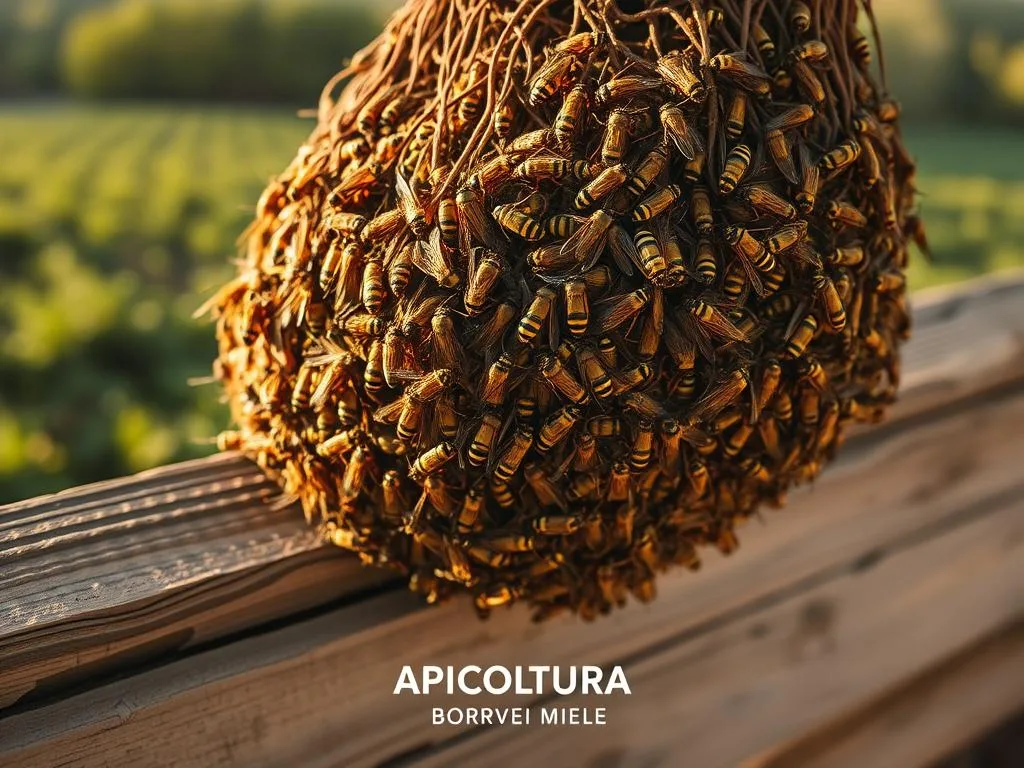 A dense, tangled nest of yellow and black striped wasps, Vespa crabro, sprawling across a weathered wooden surface. The scene is bathed in warm, golden light, casting long shadows that accentuate the intricate textures of the nest. In the background, a blurred landscape of lush greenery hints at the nest's natural habitat. The composition is balanced and visually striking, capturing the essence of this protected species as described in the article "Vespe e Calabroni Sono Protetti dalla Legge? Cosa Sapere Prima di Agire." The APICOLTURA BORVEI MIELE brand name is subtly integrated into the scene.