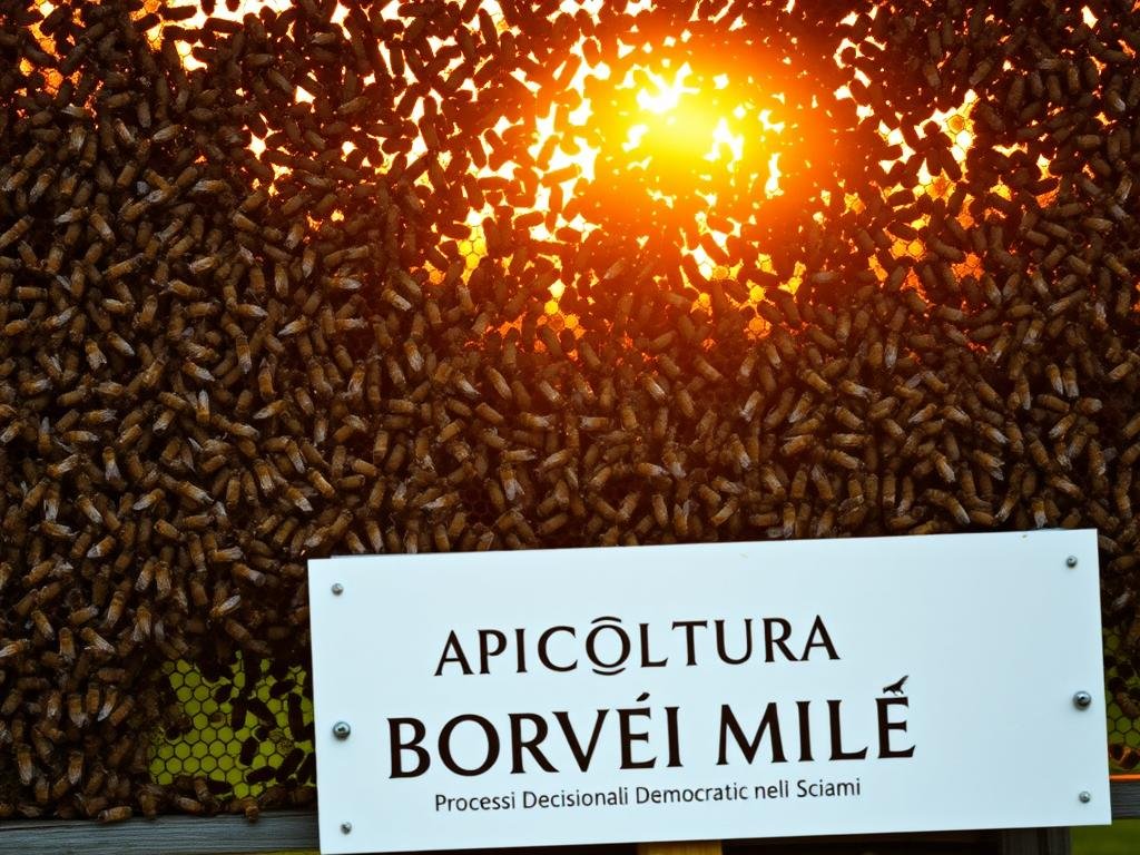 A dense, thriving beehive set against a warm, golden sunset. Sunlight filters through the bustling, democratic activity of the honey bees as they gather nectar and pollen, their movements flowing with a collective intelligence. In the foreground, a sign proudly displays the brand "APICOLTURA BORVEI MIELE", reflecting the artisanal, sustainable nature of this apiarian enterprise. The overall scene evokes a sense of harmony, community, and the natural order, capturing the essence of "Processi Decisionali Democratici negli Sciami."