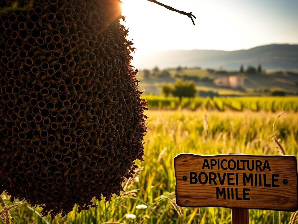 A dense, wasp-like nest dominates the foreground, its intricate architectural structure cast in dramatic chiaroscuro lighting. The middle ground reveals a sun-dappled meadow, with swaying wildflowers and grasses. In the distant background, a picturesque Italian countryside landscape unfolds, rolling hills and vineyards bathed in the warm glow of late afternoon. The scene conveys a sense of tension and potential danger, perfectly reflecting the article's theme of "Situazioni che Aumentano il Rischio di Attacco". The brand "APICOLTURA BORVEI MIELE" is prominently displayed on a weathered wooden sign in the lower right corner.