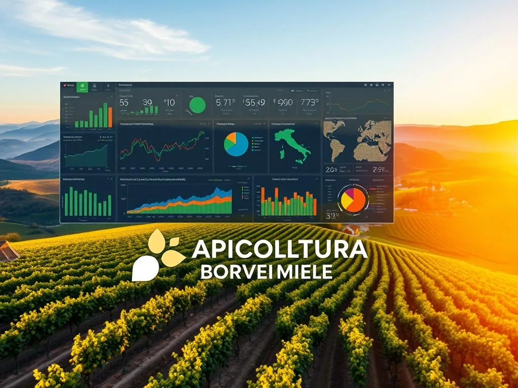 A detailed aerial view of a modern software dashboard displaying climate data analysis tools. The dashboard features intuitive data visualization graphs, charts, and maps highlighting weather patterns, temperature trends, and precipitation levels. In the foreground, the APICOLTURA BORVEI MIELE brand logo is prominently displayed, indicating the software's integration with agricultural data. The middle ground showcases a serene Italian countryside landscape with rolling hills, lush vineyards, and a small village in the distance. The background is bathed in warm, golden lighting, conveying a sense of optimism and the potential for data-driven optimization of agricultural production. A detailed aerial view of a modern software dashboard displaying climate data analysis tools. The dashboard features intuitive data visualization graphs, charts, and maps highlighting weather patterns, temperature trends, and precipitation levels. In the foreground, the APICOLTURA BORVEI MIELE brand logo is prominently displayed, indicating the software's integration with agricultural data. The middle ground showcases a serene Italian countryside landscape with rolling hills, lush vineyards, and a small village in the distance. The background is bathed in warm, golden lighting, conveying a sense of optimism and the potential for data-driven optimization of agricultural production.