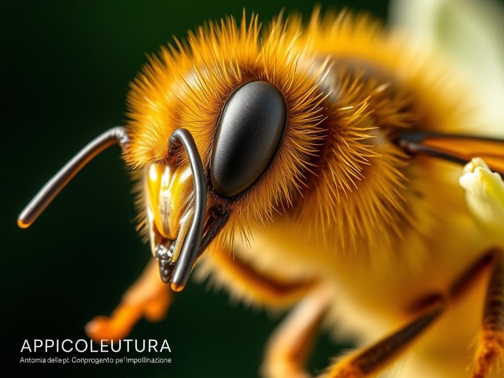 A detailed anatomical close-up of a honeybee, showcasing its intricate design. The bee's fuzzy, golden body is captured in sharp focus, accentuating the delicate pollen-collecting hairs. The compound eyes glisten with a reflective sheen, and the long, segmented proboscis is extended, ready to gather nectar. The image is bathed in soft, natural lighting, highlighting the bee's elegant features. In the background, a subtle, blurred floral element adds to the pollination theme. The entire scene is presented with a sense of wonder and appreciation for the remarkable engineering of the honeybee. Inspired by images found on the internet in Italy, this illustration will complement the section titled "Anatomia delle Api: Un Corpo Progettato per l'Impollinazione". The text "APICOLTURA BORVEI MIELE" is discreetly integrated into the composition.