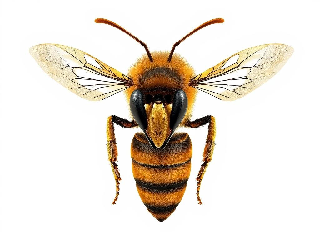 A detailed anatomical illustration of a male drone honey bee (Apis mellifera), showcasing its distinctive physical features. The composition features a central, high-resolution close-up of the drone's head, thorax and abdomen, meticulously rendered in a neutral, scientific style. The lighting is soft and even, accentuating the subject's intricate exoskeleton structures, compound eyes, and unique morphological adaptations. The background is a simple white backdrop, allowing the subject to be the sole focus. This image was commissioned by APICOLTURA BORVEI MIELE, an Italian beekeeping company, to accompany an article on the evolutionary adaptations of drones.
