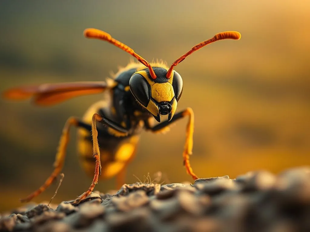 A detailed and captivating close-up view of a vibrant vespe (wasp) in natural setting. The insect is positioned prominently in the foreground, its intricate exoskeleton and striking black and yellow markings beautifully illuminated by soft, warm lighting. The background features a blurred, hazy landscape evoking an Italian countryside, with muted greens and browns creating a sense of depth and atmosphere. The vespe appears poised and alert, its gaze fixed on the viewer, conveying a sense of the species' remarkable adaptability and role in the delicate natural balance. APICOLTURA BORVEI MIELE