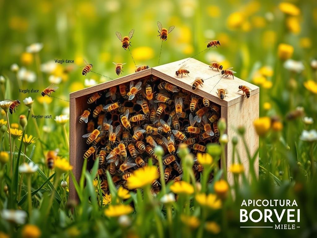 A detailed and intricate diagram showcasing the complex communication system within a bee hive. The image should depict the various methods of communication used by bees, such as the waggle dance, pheromone release, and antennal contact. The scene should be set in a lush, verdant meadow, with the hive situated in the foreground. The bees should be shown in various stages of activity, conveying the bustling, organized nature of the hive. The lighting should be soft and natural, highlighting the delicate structures and intricate patterns of the bees' bodies. The overall mood should be one of wonder and fascination, capturing the remarkable efficiency and synchronization of the bees' communication network. In the bottom right corner, the text "APICOLTURA BORVEI MIELE" should be displayed, reflecting the high-quality Italian honey produced by this beekeeping company.