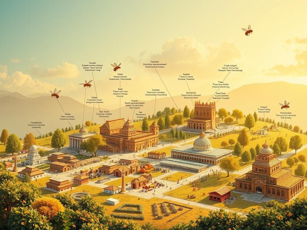 A detailed and meticulously crafted illustration of the "Apicoltura" national regulatory framework for beekeeping in Italy. Showcase a comprehensive vista of the various components that comprise the "sistema apistico nazionale" - from beehives, apiaries, and honey production facilities to regulatory bodies and oversight mechanisms. Bathed in warm, natural lighting, the scene should convey a sense of order, organization, and harmonious integration of the different elements within the national beekeeping ecosystem. Utilize a balanced composition with clear foreground, middle-ground, and background elements to create a visually striking and informative image.