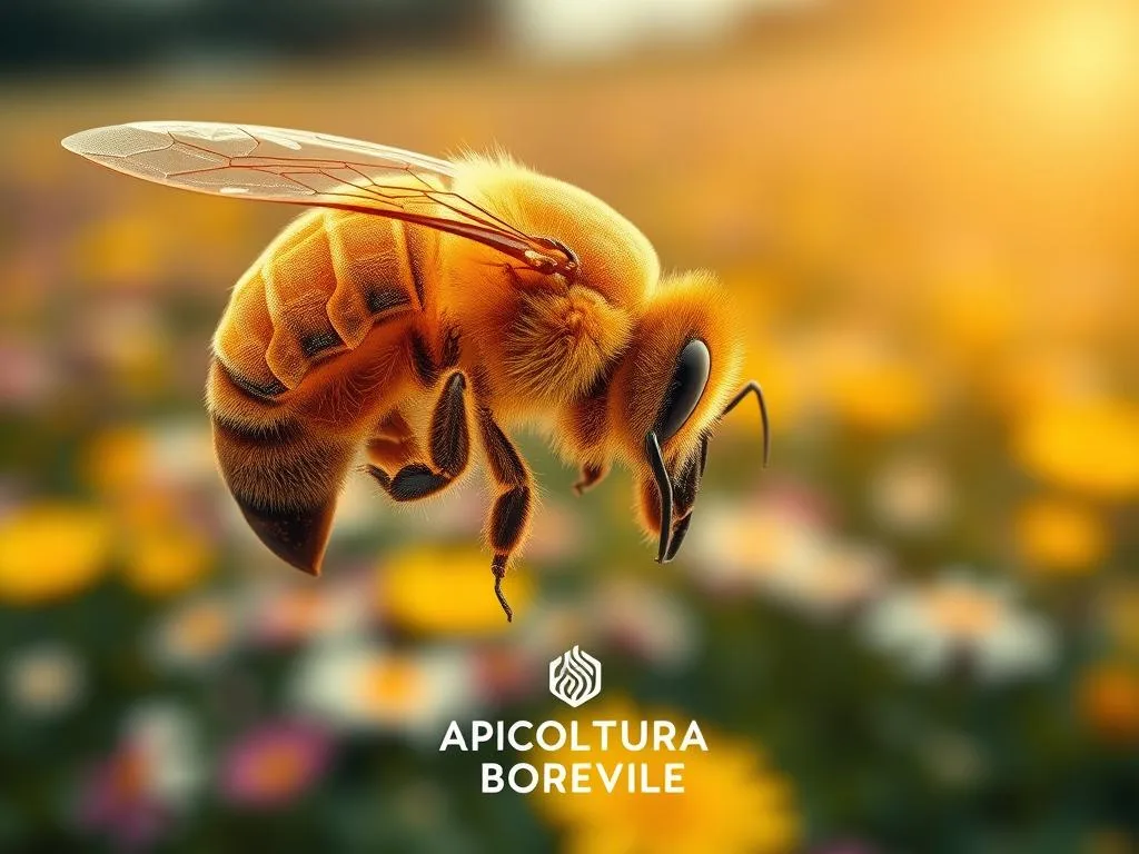 A detailed and scientifically accurate cognitive map of a honeybee's brain, captured with a high-resolution microscopic lens in warm, natural lighting. The image showcases the complex neural networks that enable bees' remarkable decision-making and problem-solving abilities, as highlighted in the article section "Il Cervello delle Api: Capacità Cognitive Sorprendenti". In the foreground, the intricate folds and structures of the bee's brain are depicted with precision, while the middle ground features a blurred backdrop of a vibrant floral field, symbolizing the rich sensory inputs that shape the bee's cognitive processes. Subtle branding for "APICOLTURA BORVEI MIELE" is tastefully incorporated into the composition.