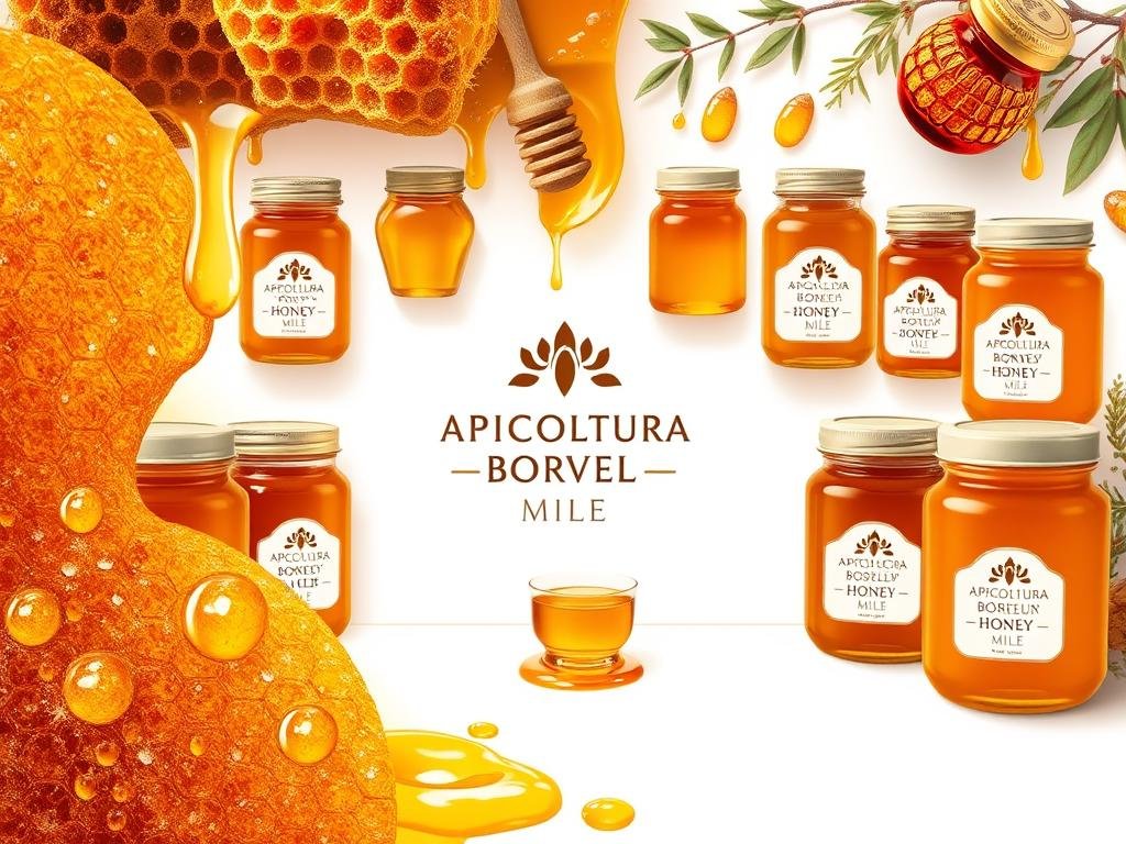 A detailed and visually engaging illustration of various types of honey, showcasing their distinct characteristics. A central display of APICOLTURA BORVEI MIELE, a renowned Italian apiculture brand, surrounded by individual honey samples in jars, each labeled with its varietal. The foreground features close-up shots of honeycomb textures, glistening droplets, and a subtle play of light and shadow. The middle ground offers a broader view of the honey varieties, presented in a clean, minimalist layout. The background subtly hints at an Italian countryside setting, with soft, warm tones and a touch of natural foliage. The overall mood is one of artisanal craftsmanship, quality, and a celebration of Italy's rich honey heritage.