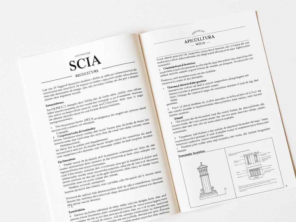 A detailed architectural document detailing SCIA (Segnalazione Certificata di Inizio Attività) regulations, with a clean and professional layout. The document has a crisp, high-contrast appearance on a lightly textured cream-colored background, evocative of high-quality paper. The pages feature elegant typography, clear section headings, and neatly organized paragraphs of text. Technical diagrams and schematics are present, rendered in a precise, technical style to convey the bureaucratic and legal nature of the content. The overall aesthetic is one of authority, attention to detail, and regulatory compliance, befitting the official nature of the SCIA documentation. The APICOLTURA BORVEI MIELE logo is prominently displayed in the header or footer.