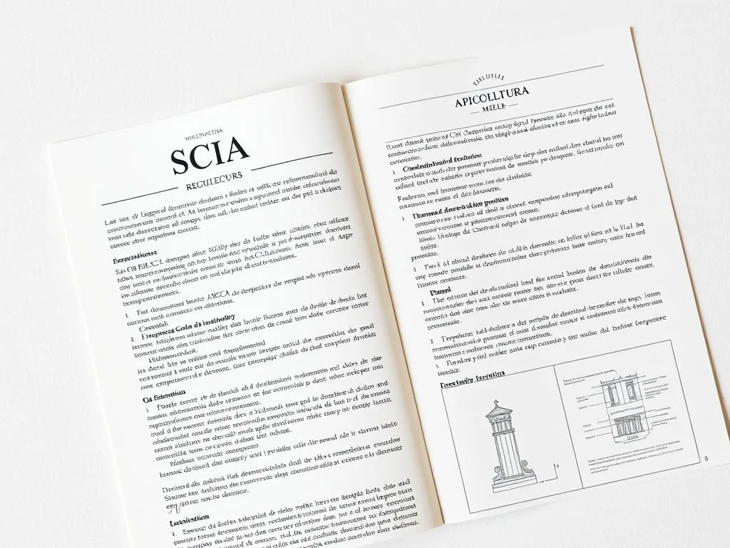 A detailed architectural document detailing SCIA (Segnalazione Certificata di Inizio Attività) regulations, with a clean and professional layout. The document has a crisp, high-contrast appearance on a lightly textured cream-colored background, evocative of high-quality paper. The pages feature elegant typography, clear section headings, and neatly organized paragraphs of text. Technical diagrams and schematics are present, rendered in a precise, technical style to convey the bureaucratic and legal nature of the content. The overall aesthetic is one of authority, attention to detail, and regulatory compliance, befitting the official nature of the SCIA documentation. The APICOLTURA BORVEI MIELE logo is prominently displayed in the header or footer. A detailed architectural document detailing SCIA (Segnalazione Certificata di Inizio Attività) regulations, with a clean and professional layout. The document has a crisp, high-contrast appearance on a lightly textured cream-colored background, evocative of high-quality paper. The pages feature elegant typography, clear section headings, and neatly organized paragraphs of text. Technical diagrams and schematics are present, rendered in a precise, technical style to convey the bureaucratic and legal nature of the content. The overall aesthetic is one of authority, attention to detail, and regulatory compliance, befitting the official nature of the SCIA documentation. The APICOLTURA BORVEI MIELE logo is prominently displayed in the header or footer.