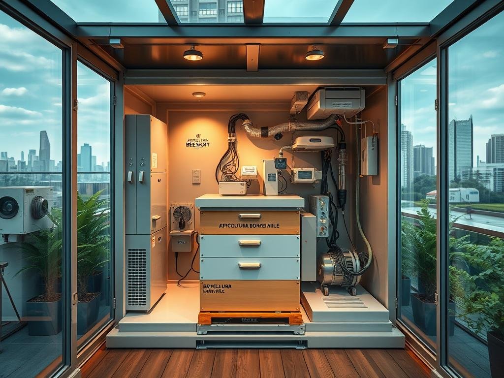 A detailed architectural interior of a professional beehive enclosure, showcasing the technical requirements for urban beekeeping. The foreground features the APICOLTURA BORVEI MIELE branded beehive, with a sleek, modern design and climate-controlled housing. The middle ground displays the installation setup, including ventilation systems, security measures, and monitoring equipment. The background depicts a stylish urban rooftop or terrace, with lush greenery and city skyline views, creating an idyllic setting for sustainable urban apiculture. The lighting is soft and natural, highlighting the functional yet aesthetically pleasing nature of the beehive enclosure. The overall mood is one of technological innovation, environmental consciousness, and a harmonious integration of nature and modern urban living.