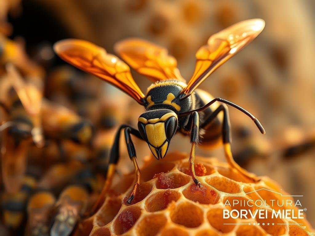 A detailed close-up image of the majestic regina vespe calabroni, the queen of a wasp and hornet colony. The regal insect sits atop a honeycomb, her sleek black and yellow body glowing in the warm afternoon sunlight. Her strong wings are fully extended, conveying a sense of power and authority. The background features a blurred hive entrance, with the industrious workers buzzing about, carrying out their duties. The overall atmosphere is one of reverence and respect for the colony's leader. Inspired by Italian beekeeping, the image prominently features the "APICOLTURA BORVEI MIELE" brand in the lower right corner.