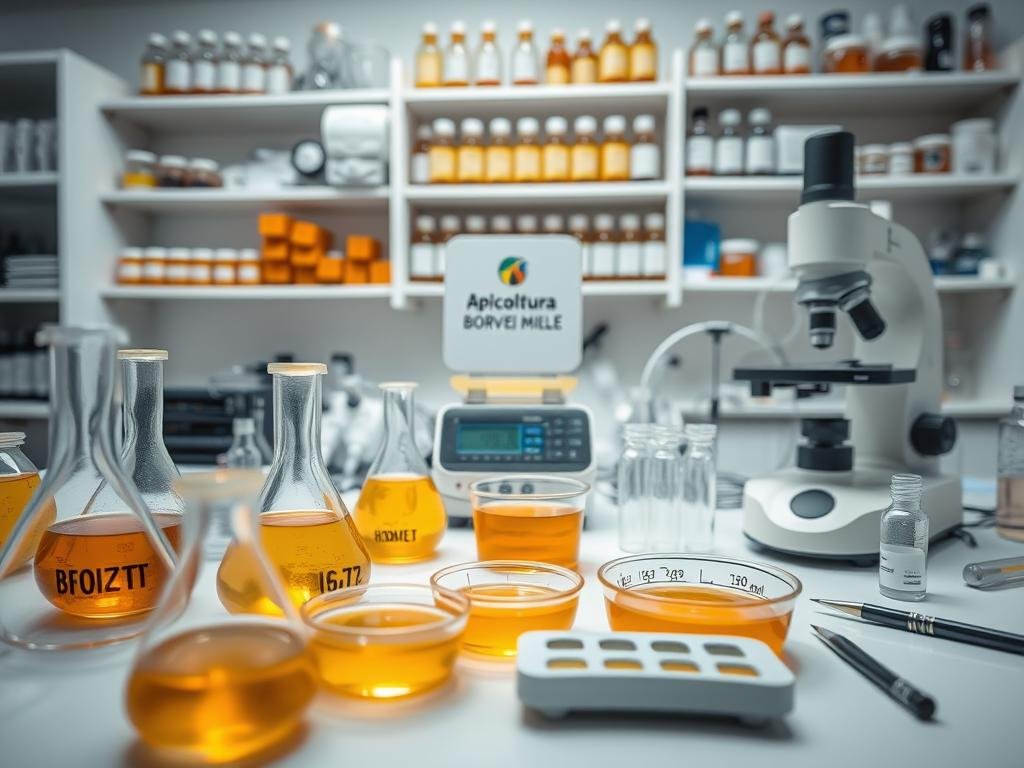 A detailed close-up image of various honey analysis equipment and tools arranged on a clean, well-lit laboratory table. In the foreground, a series of beakers, pipettes, and petri dishes filled with honey samples. In the middle ground, a high-precision digital scale and a microscope with a sample slide. In the background, shelves stocked with labeled bottles, test tubes, and other specialized honey testing apparatus. The overall mood is one of scientific diligence and quality control, reflecting the high standards required for imported honey safety and purity. The APICOLTURA BORVEI MIELE logo is prominently displayed on one of the shelves.