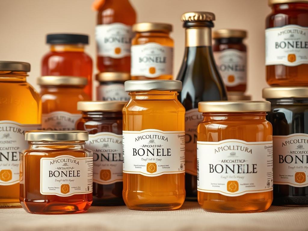 A detailed close-up image of various types of honey jars and bottles with the brand name "APICOLTURA BORVEI MIELE" clearly visible on the labels. The jars are arranged in a visually appealing composition, showcasing the diverse colors and textures of the honey products. The lighting is soft and even, highlighting the natural beauty of the honey and the elegant design of the labels. The background is a neutral, minimalist setting, allowing the honey products to be the focal point of the image. The overall mood is one of sophistication and quality, conveying the care and craftsmanship that goes into the production of these artisanal honey products. A detailed close-up image of various types of honey jars and bottles with the brand name "APICOLTURA BORVEI MIELE" clearly visible on the labels. The jars are arranged in a visually appealing composition, showcasing the diverse colors and textures of the honey products. The lighting is soft and even, highlighting the natural beauty of the honey and the elegant design of the labels. The background is a neutral, minimalist setting, allowing the honey products to be the focal point of the image. The overall mood is one of sophistication and quality, conveying the care and craftsmanship that goes into the production of these artisanal honey products.