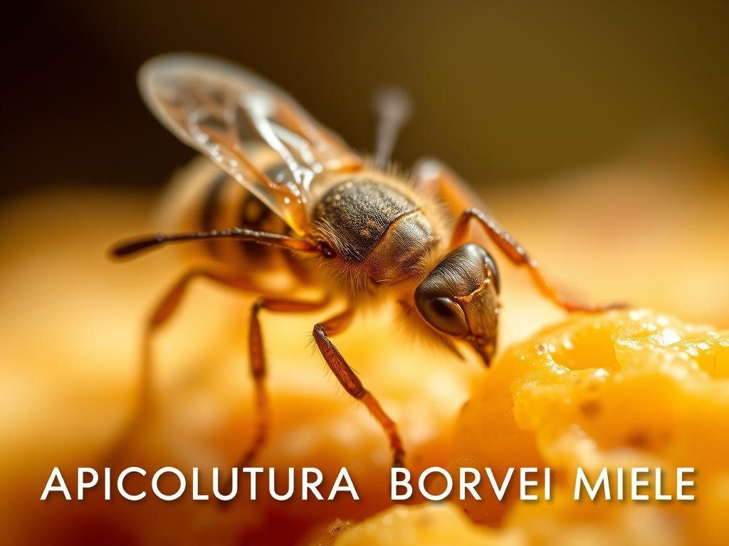 A detailed close-up of Tropilaelaps mercedesae, a parasitic mite that infests honey bee colonies. The mite is depicted with vivid clarity, its intricate body features and legs captured in sharp focus using a high-resolution macro lens. The mite is surrounded by a blurred, out-of-focus background, creating a sense of depth and emphasizing the subject. Soft, natural lighting illuminates the mite from the side, casting subtle shadows that accentuate its form. The overall mood is one of scientific curiosity and ecological awareness, reflecting the local adaptations of biological and biomechanical approaches to Varroa and other bee pests. "APICOLTURA BORVEI MIELE" is displayed prominently in the lower corner. A detailed close-up of Tropilaelaps mercedesae, a parasitic mite that infests honey bee colonies. The mite is depicted with vivid clarity, its intricate body features and legs captured in sharp focus using a high-resolution macro lens. The mite is surrounded by a blurred, out-of-focus background, creating a sense of depth and emphasizing the subject. Soft, natural lighting illuminates the mite from the side, casting subtle shadows that accentuate its form. The overall mood is one of scientific curiosity and ecological awareness, reflecting the local adaptations of biological and biomechanical approaches to Varroa and other bee pests. "APICOLTURA BORVEI MIELE" is displayed prominently in the lower corner.