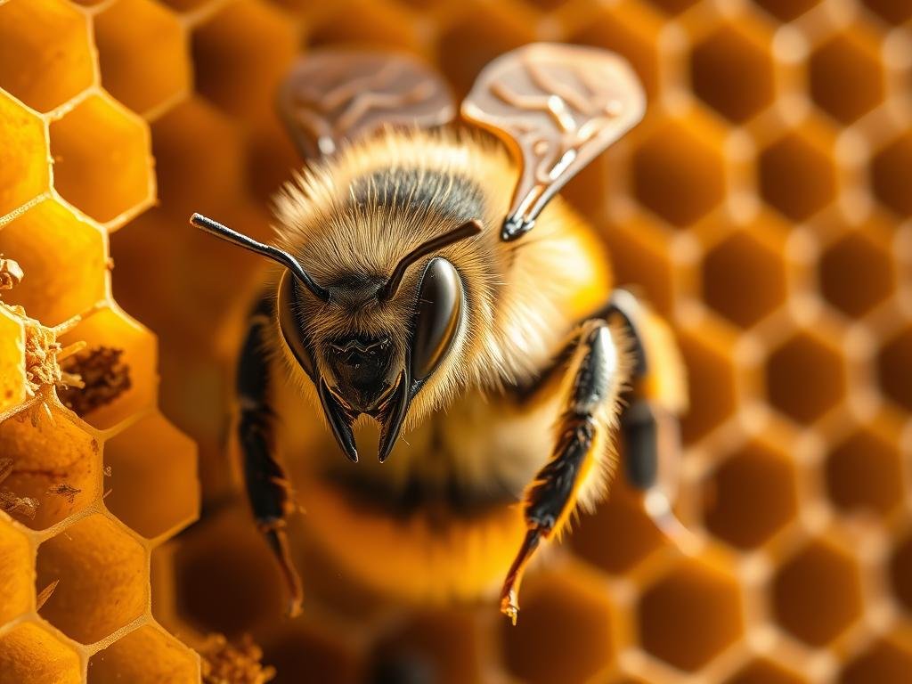 A detailed close-up of a fierce, determined honeybee guarding the entrance to a honeycomb hive. The bee's compound eyes are alert, its wings slightly raised, ready to defend its colony. The warm golden light of the sun illuminates the bee's fuzzy black and yellow abdomen, while the hive's intricate hexagonal structure fills the background. The scene conveys a sense of vigilance and the critical role of the "APICOLTURA BORVEI MIELE" guardian bees in protecting the hive from external threats.
