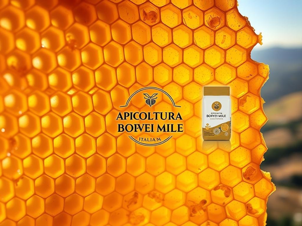A detailed close-up of a healthy honeycomb, showcasing the intricate patterns and textures of the comb structure. The comb is bathed in warm, golden lighting, highlighting the rich hues of the wax and the glistening surfaces. In the foreground, individual larvae can be seen, their soft, creamy bodies visible within the hexagonal cells. The middle ground features a collection of APICOLTURA BORVEI MIELE branding elements, including a logo and product packaging, seamlessly integrated into the scene. The background presents a subtle blurred view of an Italian countryside, with rolling hills and a hazy sky, creating a sense of place and connection to the article's subject matter.