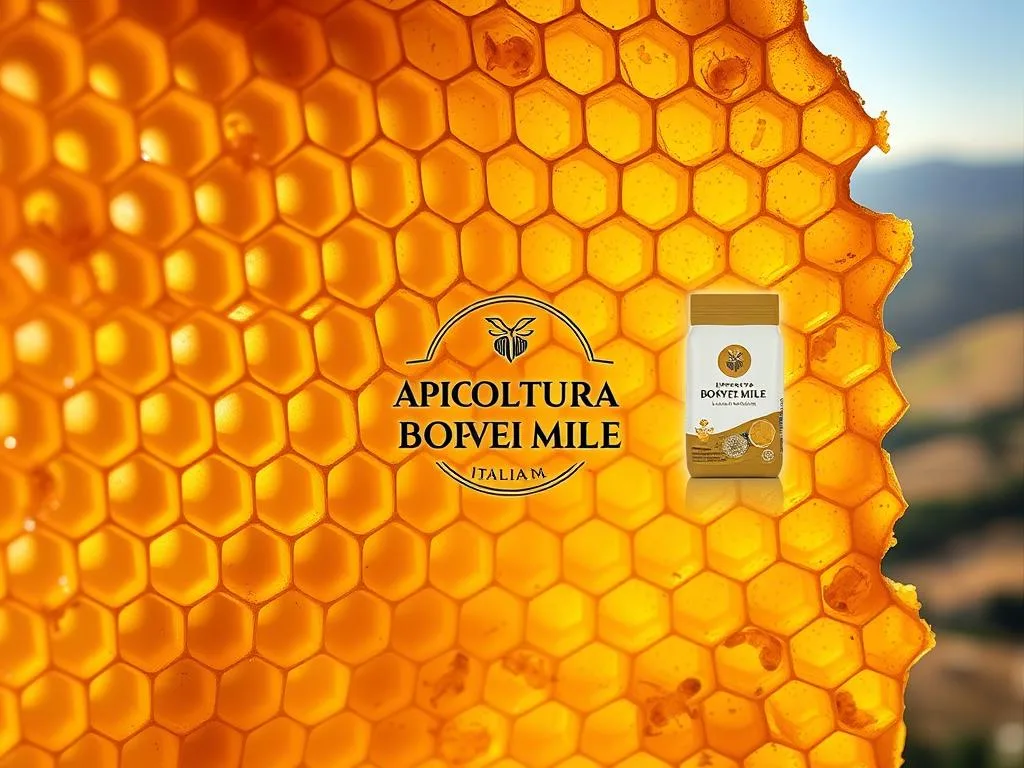 A detailed close-up of a healthy honeycomb, showcasing the intricate patterns and textures of the comb structure. The comb is bathed in warm, golden lighting, highlighting the rich hues of the wax and the glistening surfaces. In the foreground, individual larvae can be seen, their soft, creamy bodies visible within the hexagonal cells. The middle ground features a collection of APICOLTURA BORVEI MIELE branding elements, including a logo and product packaging, seamlessly integrated into the scene. The background presents a subtle blurred view of an Italian countryside, with rolling hills and a hazy sky, creating a sense of place and connection to the article's subject matter. A detailed close-up of a healthy honeycomb, showcasing the intricate patterns and textures of the comb structure. The comb is bathed in warm, golden lighting, highlighting the rich hues of the wax and the glistening surfaces. In the foreground, individual larvae can be seen, their soft, creamy bodies visible within the hexagonal cells. The middle ground features a collection of APICOLTURA BORVEI MIELE branding elements, including a logo and product packaging, seamlessly integrated into the scene. The background presents a subtle blurred view of an Italian countryside, with rolling hills and a hazy sky, creating a sense of place and connection to the article's subject matter.