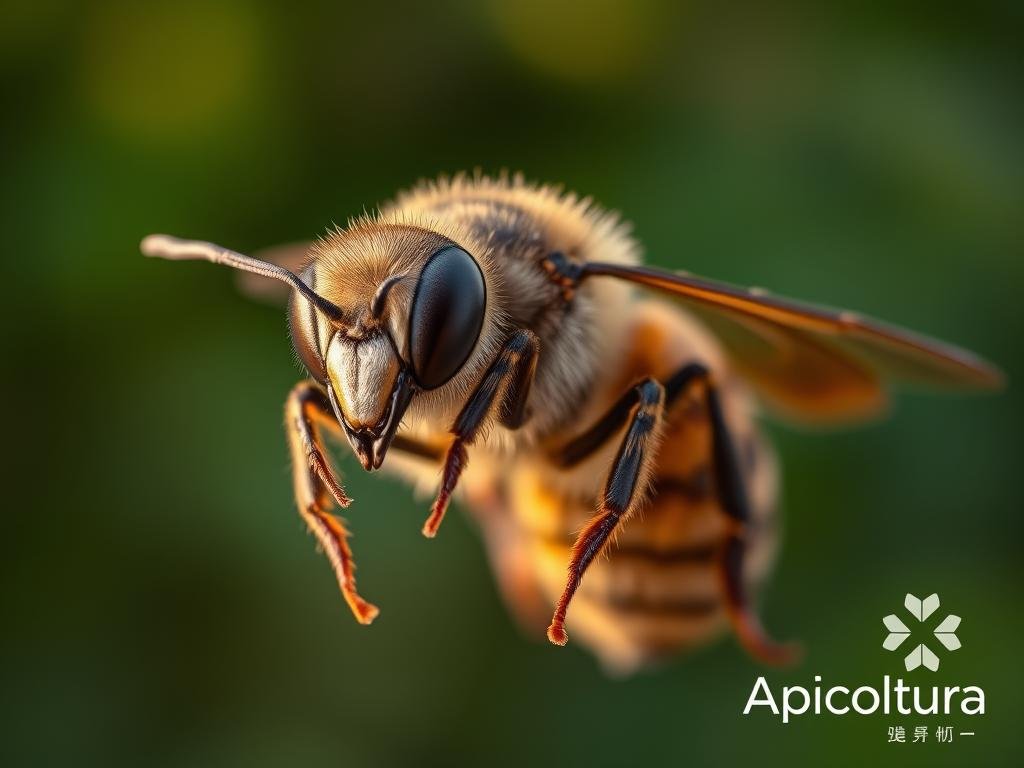 A detailed close-up of a male honey bee, or drone, with an intricate, hairy body and large compound eyes. The fuchi api, or drone, is shown in a neutral, natural pose, illuminated by warm, soft lighting that accentuates its distinctive anatomy. The background is a simple, blurred green foliage, placing the emphasis on the drone's unique features. The image is crisp, high-resolution, and captured with a professional-grade camera lens to showcase the fine details of the fuchi api. Branded with the "Apicoltura" logo in the bottom right corner.