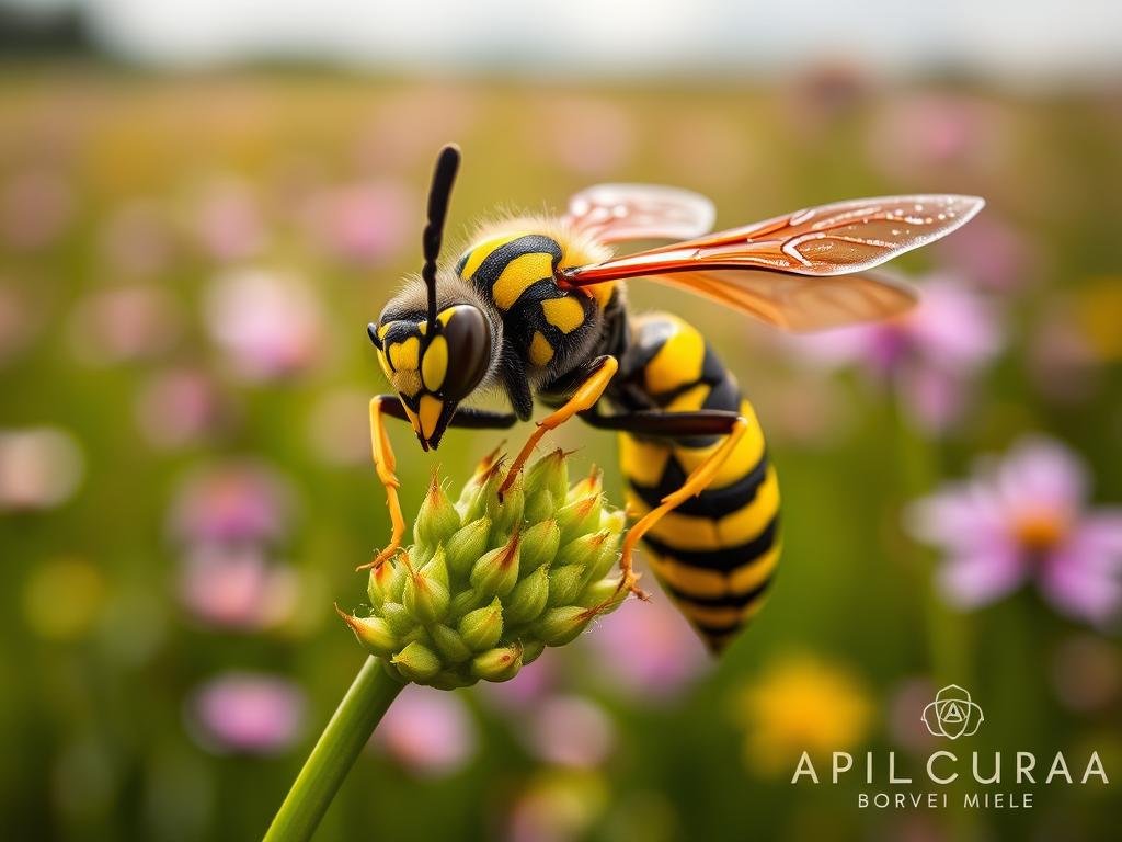 A detailed close-up of a vivid yellow and black striped wasp, with delicate transparent wings and gleaming compound eyes. The wasp is perched on a vibrant green stem, bathed in soft, natural lighting. In the background, a blurred field of wildflowers gently sways in the breeze, evoking the serene Italian countryside. The portrait captures the intricate beauty and captivating behavior of this remarkable insect, showcasing the brand "APICOLTURA BORVEI MIELE" in the lower right corner.