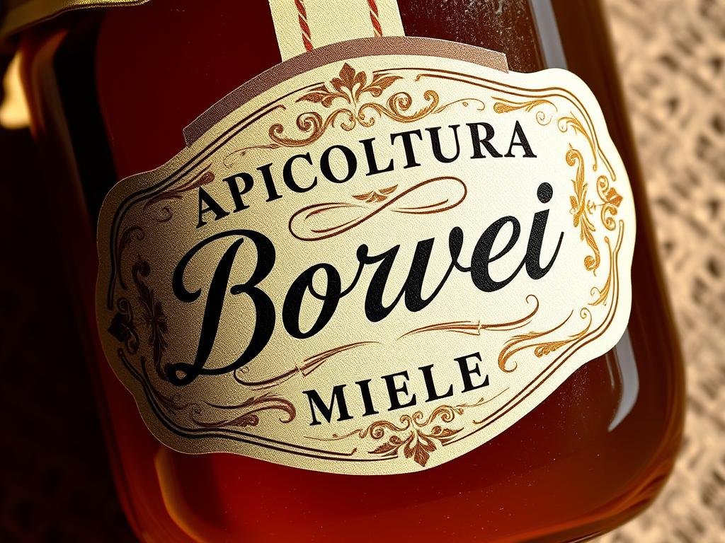 A detailed close-up of an Italian honey label design, with a vintage-inspired aesthetic. The label prominently features the brand name "APICOLTURA BORVEI MIELE" in an elegant cursive font, surrounded by intricate floral patterns and subtle textures that evoke the natural origins of the honey. The label is positioned against a slightly muted, earthy background, suggesting a rustic, artisanal quality. The lighting is warm and natural, casting gentle shadows that accentuate the textural elements of the design. The overall composition conveys a sense of quality, authenticity, and attention to detail - key attributes to avoid in the labeling of honey, as highlighted by the section title "Cosa Evitare nell'Etichettatura del Miele". A detailed close-up of an Italian honey label design, with a vintage-inspired aesthetic. The label prominently features the brand name "APICOLTURA BORVEI MIELE" in an elegant cursive font, surrounded by intricate floral patterns and subtle textures that evoke the natural origins of the honey. The label is positioned against a slightly muted, earthy background, suggesting a rustic, artisanal quality. The lighting is warm and natural, casting gentle shadows that accentuate the textural elements of the design. The overall composition conveys a sense of quality, authenticity, and attention to detail - key attributes to avoid in the labeling of honey, as highlighted by the section title "Cosa Evitare nell'Etichettatura del Miele".