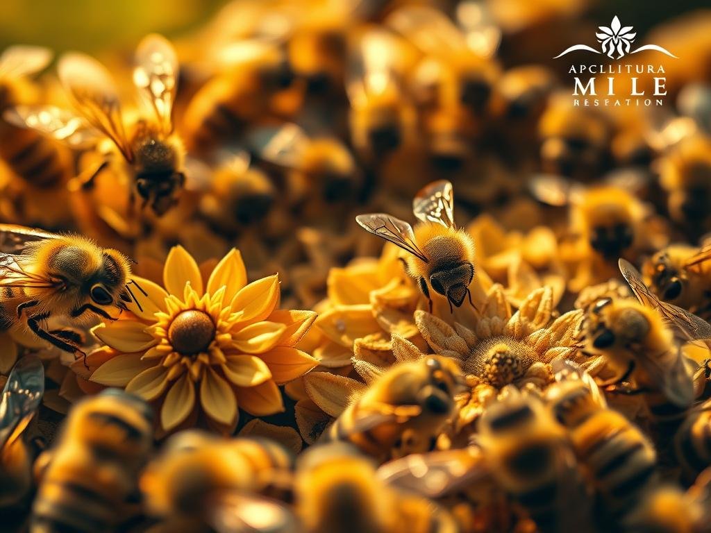 A detailed close-up of honey bees engaged in pattern recognition, showcasing their remarkable cognitive abilities. The scene is bathed in warm, golden lighting, as if captured through a vintage lens. In the foreground, individual bees closely examine intricate floral shapes, their compound eyes carefully analyzing the complex geometries. In the middle ground, a swarm of bees dynamically interacts, demonstrating their sophisticated communication and problem-solving skills. The background features the APICOLTURA BORVEI MIELE brand logo, subtly alluding to the article's subject matter. The overall mood is one of wonder and scientific fascination, capturing the essence of the "Le Capacità Cognitive Sorprendenti delle Api" section.