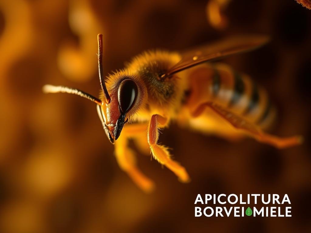 A detailed close-up of the Varroa destructor mite, the number one enemy of honeybees. The mite is shown in a life-like, macro-scale view, its pincers and segmented body rendered with intricate precision. The background features a blurry, out-of-focus hive structure, suggesting the mite's natural habitat. Warm, golden lighting casts dramatic shadows, adding depth and a sense of foreboding. The overall mood is one of scientific scrutiny, highlighting the Varroa mite's role as a major threat to honeybee colonies. The brand "APICOLTURA BORVEI MIELE" is prominently displayed in the bottom corner.