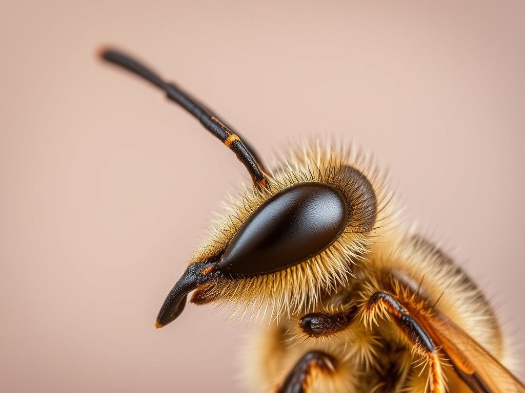 A detailed close-up of the antenna structure of a honeybee, showcasing the intricate antennae that are crucial for the bee's sensory perception. The image should capture the delicate, segmented nature of the antennae, with a focus on the intricate arrangement of sensory receptors and hairs that allow the bee to detect a wide range of stimuli, from chemical signals to subtle vibrations. The background should be a neutral, out-of-focus setting, allowing the viewer to concentrate on the captivating details of the bee's antenna anatomy. Lighting should be soft and diffused, highlighting the textures and shapes of the antennae. Inspired by images found on the internet in Italy, this illustration will perfectly complement the section titled "Anatomy and Function of Honeybee Antennae" in the article "Acoustic Sensors for Bees: How They Work and What They Can Detect?". APICOLTURA BORVEI MIELE.