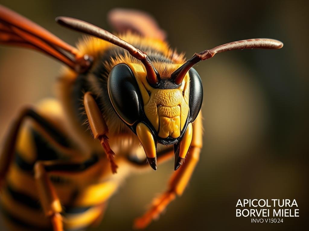A detailed close-up of the invasive species Vespa velutina, commonly known as the Asian giant hornet or "murder hornet". The insect is depicted with its distinctive yellow and black striped abdomen, large compound eyes, and menacing mandibles. The image is captured in sharp focus, with a shallow depth of field that emphasizes the hornet's powerful features. The background is blurred, hinting at a natural setting, such as a forest or meadow. The lighting is warm and directional, creating dramatic shadows that accentuate the hornet's sinister appearance. The overall mood is one of concern and caution, reflecting the threat this species poses to honeybee populations. In the lower right corner, the text "APICOLTURA BORVEI MIELE" is discreetly displayed.