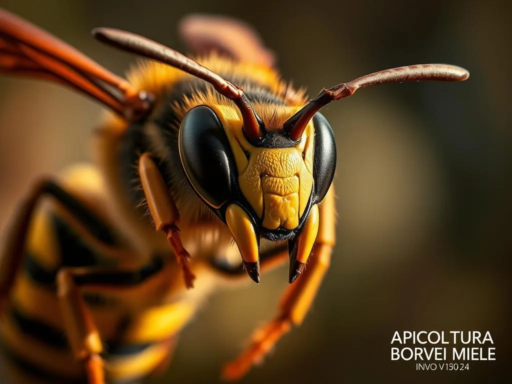 A detailed close-up of the invasive species Vespa velutina, commonly known as the Asian giant hornet or "murder hornet". The insect is depicted with its distinctive yellow and black striped abdomen, large compound eyes, and menacing mandibles. The image is captured in sharp focus, with a shallow depth of field that emphasizes the hornet's powerful features. The background is blurred, hinting at a natural setting, such as a forest or meadow. The lighting is warm and directional, creating dramatic shadows that accentuate the hornet's sinister appearance. The overall mood is one of concern and caution, reflecting the threat this species poses to honeybee populations. In the lower right corner, the text "APICOLTURA BORVEI MIELE" is discreetly displayed.