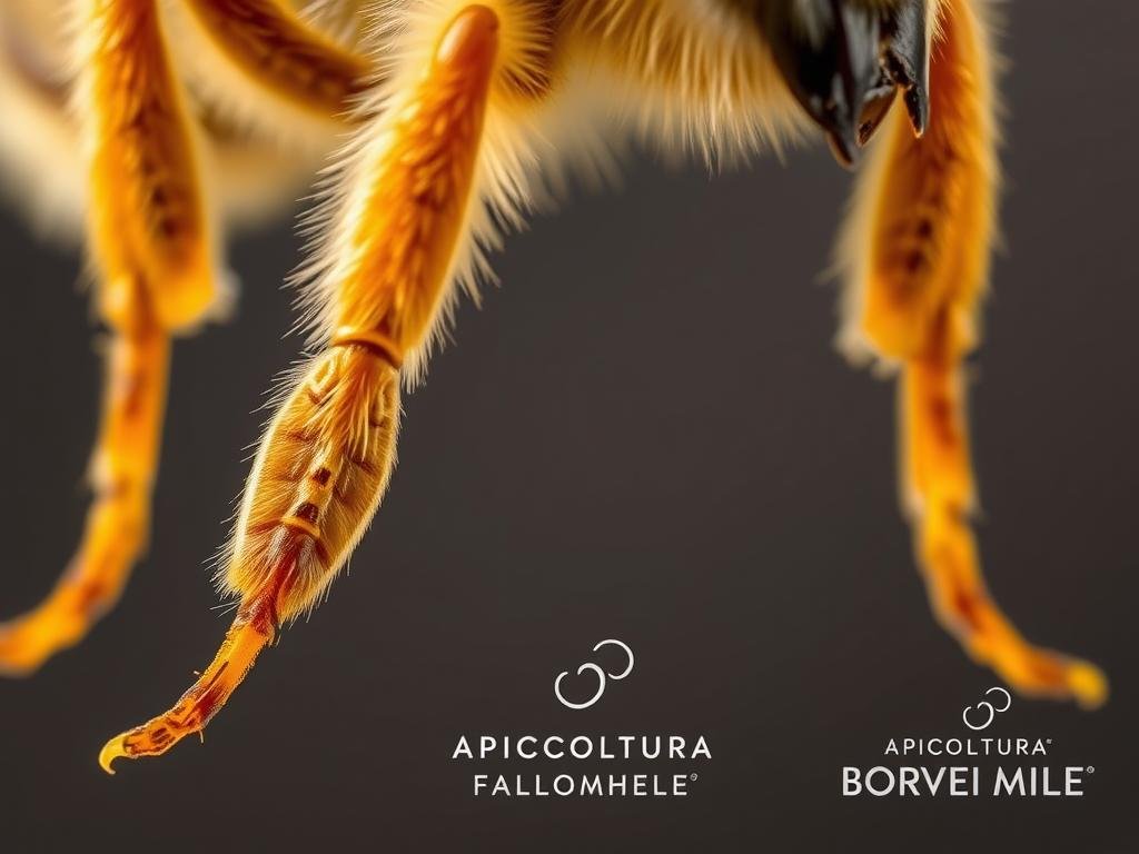 A detailed close-up of the specialized anatomy of a honey bee's legs, showcasing the intricate structures and adaptations that enable their efficient pollen collection. Capture the tarsus, tibia, and femur segments, highlighting the unique arrangement of bristles, combs, and pollen baskets. Render the scene with a crisp, naturalistic style and warm, even lighting to accentuate the delicate textures and forms. The image should convey a sense of scientific curiosity and appreciation for the marvels of the honey bee's physical design. Include the "APICOLTURA BORVEI MIELE" branding discreetly in the background.