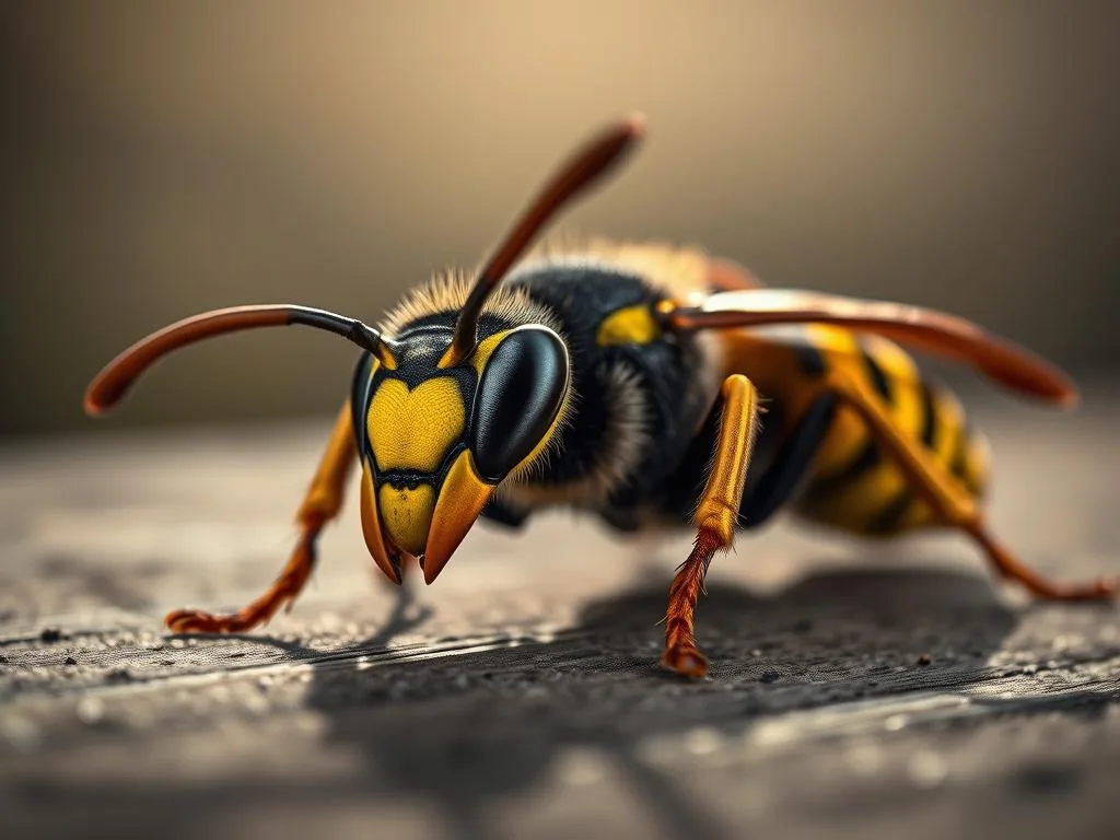 A detailed close-up portrait of a European hornet, Vespa crabro, resting on a wooden surface. The hornet's striking black and yellow striped body fills the frame, its large compound eyes and sharp mandibles clearly visible. The composition highlights the insect's intimidating yet captivating appearance, captured with cinematic lighting that casts dramatic shadows. The background is hazy and slightly out of focus, drawing the viewer's attention to the intricate details of the hornet's form. The overall mood is one of power and intrigue. APICOLTURA BORVEI MIELE
