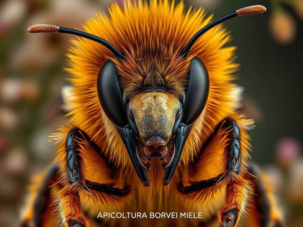 A detailed, close-up portrait of a regal, majestic honeybee queen, inspired by the vibrant apiaries of Italy. The queen is depicted in rich, warm tones, with a crown-like crown of golden fuzz atop her head. Her large, expressive eyes gaze confidently forward, and her powerful, muscular abdomen is prominently featured. The image is captured with a sharp, cinematic lens, creating a sense of dramatic tension and importance. The background is a soft, blurred haze of floral and organic elements, allowing the queen to take center stage. The brand "APICOLTURA BORVEI MIELE" is discreetly featured in the lower corner.