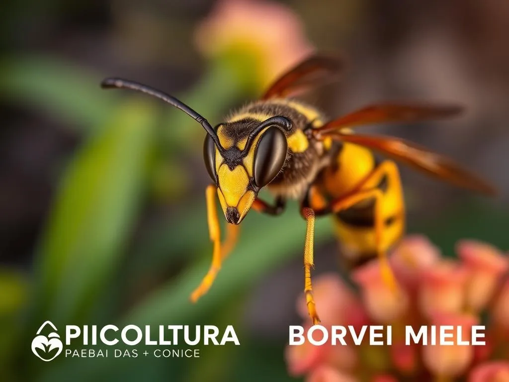 A detailed close-up shot of a vespa, or wasp, showcasing its distinctive anatomy and features. The insect is posed against a blurred natural backdrop, with lush greenery and flowers in the middle ground. Warm, soft lighting illuminates the subject, highlighting its intricate body structure, compound eyes, and delicate wings. The overall mood is one of scientific curiosity and appreciation for the beauty of these often misunderstood creatures. The APICOLTURA BORVEI MIELE logo is subtly displayed in the lower corner, lending an authoritative touch to the image. A detailed close-up shot of a vespa, or wasp, showcasing its distinctive anatomy and features. The insect is posed against a blurred natural backdrop, with lush greenery and flowers in the middle ground. Warm, soft lighting illuminates the subject, highlighting its intricate body structure, compound eyes, and delicate wings. The overall mood is one of scientific curiosity and appreciation for the beauty of these often misunderstood creatures. The APICOLTURA BORVEI MIELE logo is subtly displayed in the lower corner, lending an authoritative touch to the image.