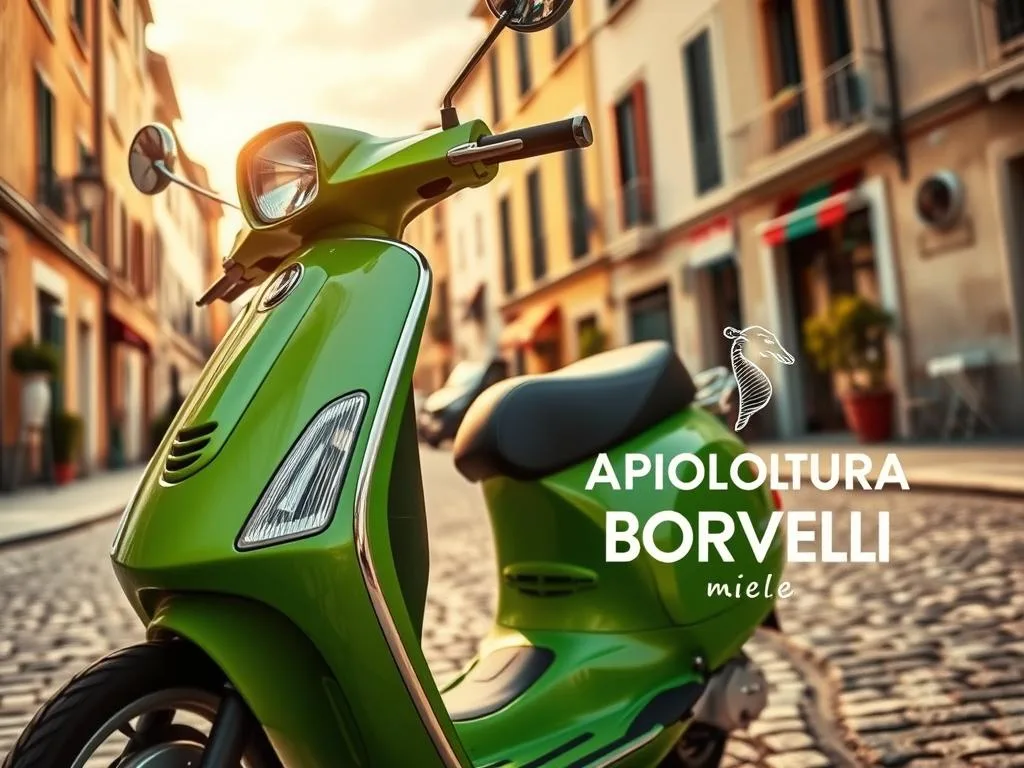 A detailed close-up shot of a vibrant green and black Vespa scooter in a classic Italian street setting. The Vespa is positioned in the foreground, its sleek and aerodynamic design capturing the essence of Italian style. The middle ground features a quaint cobblestone street lined with charming buildings, reflecting the quintessential Italian urban landscape. In the background, a warm Mediterranean sky sets the mood, with soft, natural lighting illuminating the scene. The overall atmosphere evokes a sense of nostalgia and celebrates the iconic status of the Vespa as a symbol of Italian culture. The image also prominently features the "APICOLTURA BORVEI MIELE" branding.