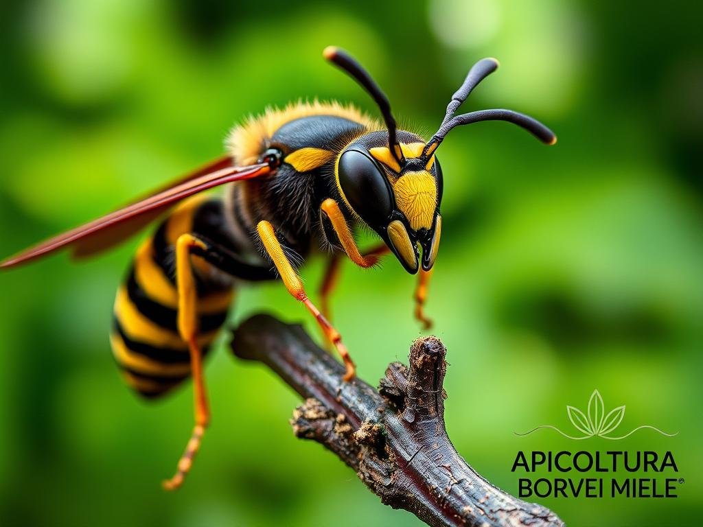 A detailed close-up view of a European hornet (Vespa crabro), commonly known as "calabroni" in Italian, perched on a branch. The hornet's large, robust body is covered in dark brown and yellow striped chitin, with prominent compound eyes and sharply-defined mandibles. The scene is set against a blurred, dreamy background of lush green foliage, creating a sense of the hornet's natural habitat. The lighting is soft and diffused, accentuating the intricate textures and details of the insect's form. In the bottom right corner, the logo "APICOLTURA BORVEI MIELE" is subtly incorporated, conveying the connection to beekeeping and the potential threats posed by these formidable insects.