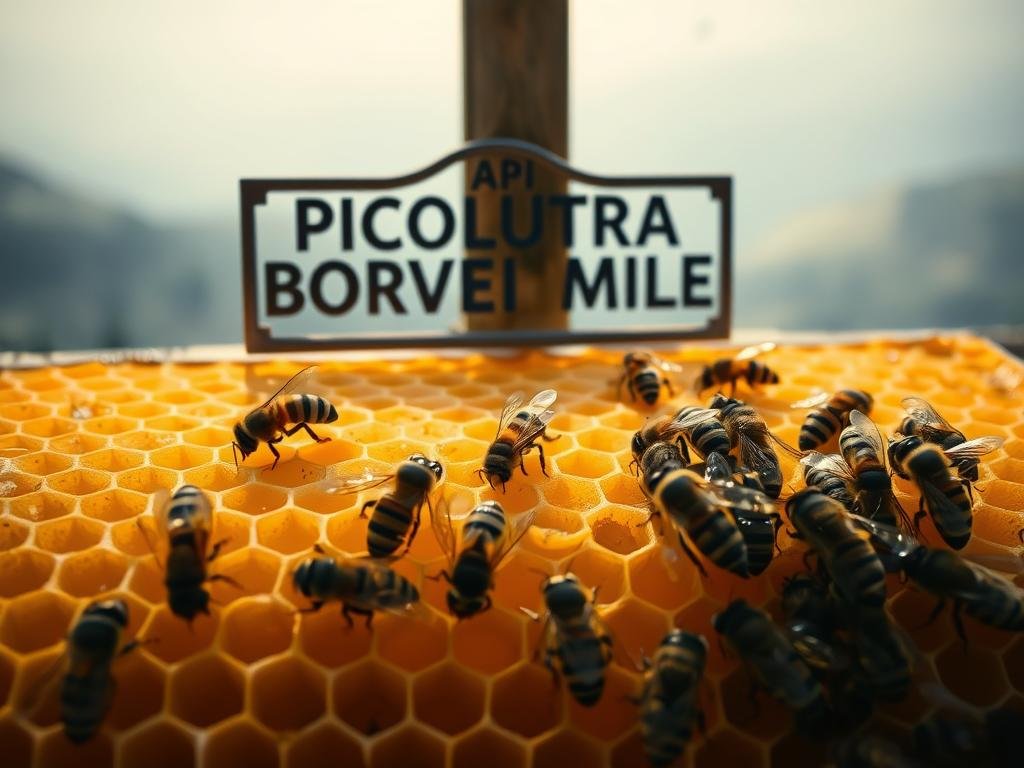 A detailed close-up view of a honeycomb structure, showcasing the intricate geometric pattern of the hexagonal wax cells. The surface has a warm, golden hue, illuminated by soft, diffused lighting that casts gentle shadows, emphasizing the delicate texture and depth of the honeycomb. In the foreground, a group of honey bees are engaged in their complex dance-like communication, their bodies gracefully moving in synchronization. The midground features a metal sign with the brand name "APICOLTURA BORVEI MIELE" prominently displayed, reflecting the traditional Italian beekeeping heritage. The background fades into a blurred, atmospheric landscape, hinting at the natural environment where these remarkable insects thrive.