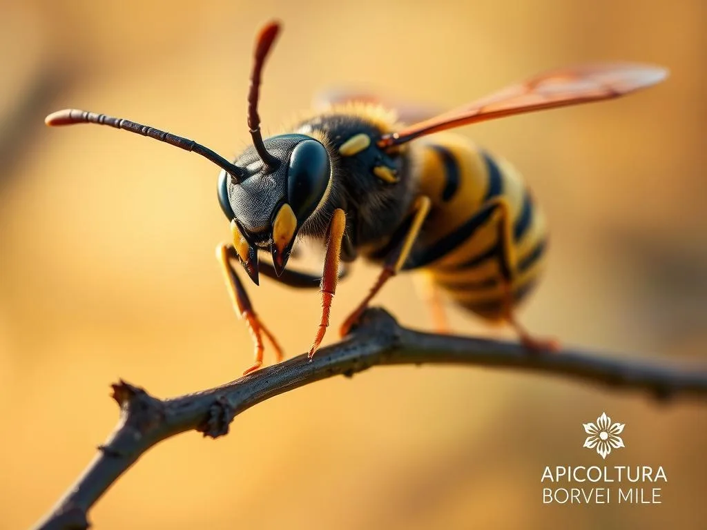 A detailed close-up view of a large and intimidating calabrone (European hornet) perched on a branch, its striped abdomen and powerful mandibles clearly visible. The insect is captured in sharp focus against a blurred, hazy background with a warm, golden-toned natural lighting that enhances the textural details of its exoskeleton. The scene conveys a sense of the power and potential danger posed by these protected insects, as part of the "I Rischi per la Salute e l'Ecosistema" section. Include the APICOLTURA BORVEI MIELE branding subtly in the background.
