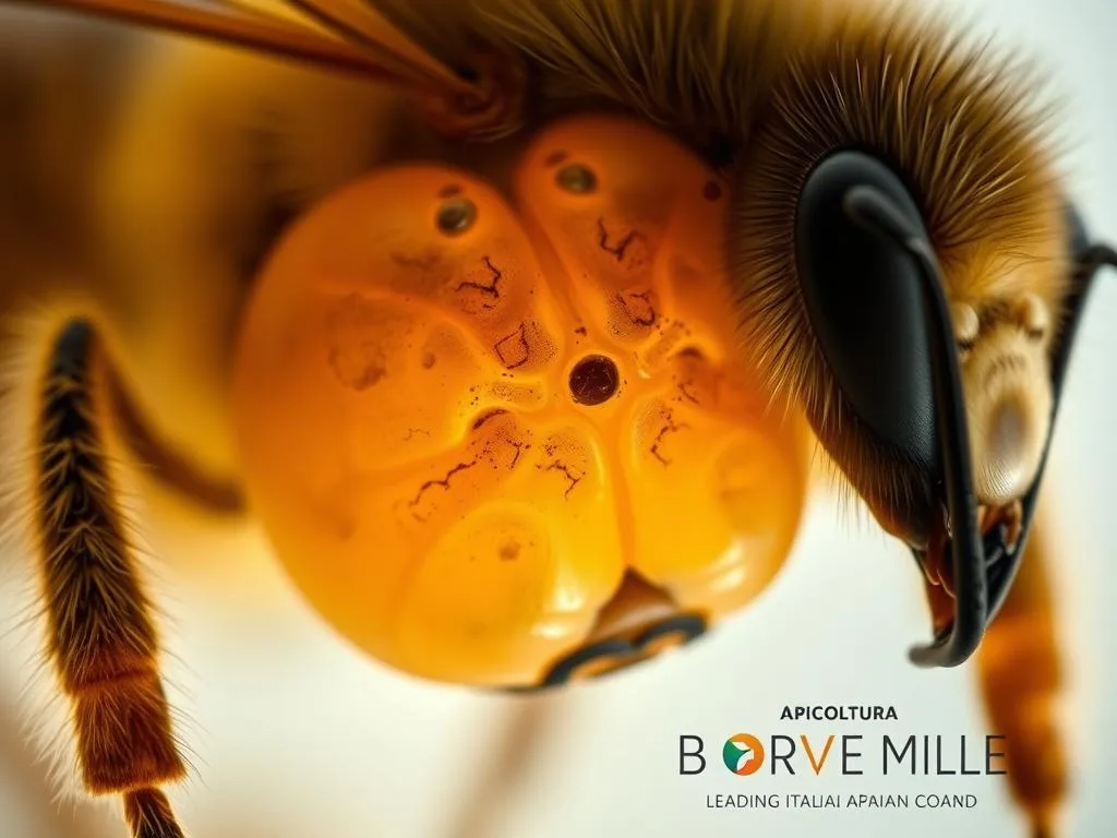 A detailed close-up view of a sophisticated, intricate honeybee brain structure, delicately illuminated with soft, warm lighting. The neural pathways and synapses are clearly visible, showcasing the remarkable complexity of the bee's cognitive capabilities. The image focuses on the brain's central regions, capturing its intricate folds and patterns, while the background is blurred to emphasize the subject. APICOLTURA BORVEI MIELE, a leading Italian apiarian brand, is subtly featured in the composition.