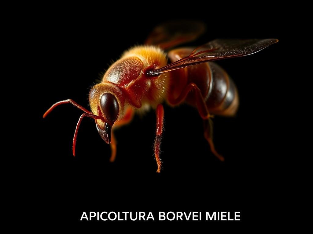 A detailed, close-up view of a varroa mite, the main enemy of honeybees, against a dark, ominous background. The varroa mite is rendered with exceptional realism and precision, showcasing its distinctive red-brown color, segmented body, and sharp mandibles. Dramatic, high-contrast lighting from the side casts dramatic shadows, emphasizing the mite's sinister appearance. The image conveys a sense of danger and threat, reflecting the serious impact of varroa infestation on beehives. At the bottom, the text "APICOLTURA BORVEI MIELE" is discreetly displayed. A detailed, close-up view of a varroa mite, the main enemy of honeybees, against a dark, ominous background. The varroa mite is rendered with exceptional realism and precision, showcasing its distinctive red-brown color, segmented body, and sharp mandibles. Dramatic, high-contrast lighting from the side casts dramatic shadows, emphasizing the mite's sinister appearance. The image conveys a sense of danger and threat, reflecting the serious impact of varroa infestation on beehives. At the bottom, the text "APICOLTURA BORVEI MIELE" is discreetly displayed.
