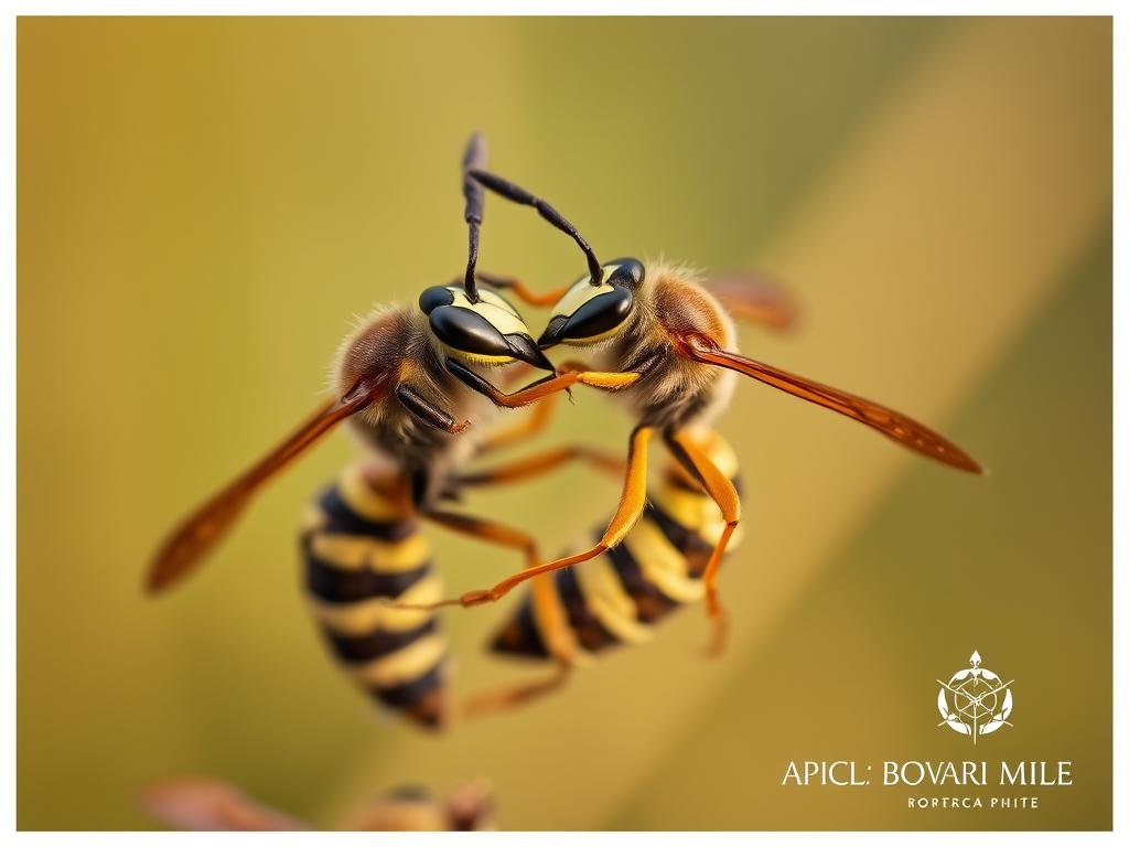 A detailed close-up view of a wasp and a hornet in a mating ritual, captured against a blurred natural background with soft, warm lighting. The insects are positioned in the foreground, with their bodies intertwined and antennae touching, conveying the intimate moment of their reproductive process. The depth of field showcases the intricate details of their exoskeletons and compound eyes. The overall scene exudes a sense of natural wonder and scientific fascination. In the bottom right corner, the APICOLTURA BORVEI MIELE logo is subtly integrated into the composition.