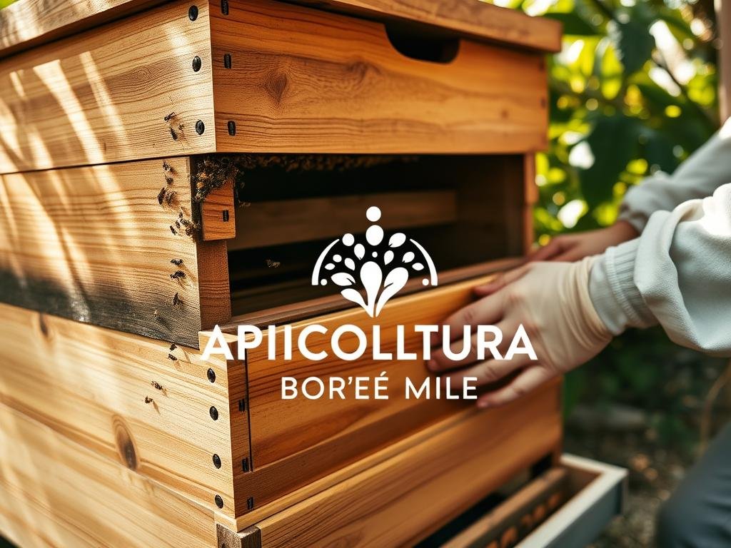 A detailed, close-up view of an "Arnie Manutenzione" (beehive maintenance), with the APICOLTURA BORVEI MIELE brand logo prominently displayed. The scene is set in a warm, earthy Italian countryside, with soft natural lighting filtering through the leaves of lush greenery in the background. The foreground features the intricate wooden structure of the beehive, with its various panels and compartments meticulously crafted. The midground showcases the beekeeper's hands carefully inspecting and maintaining the hive, showcasing the attention to detail and care required for proper beehive upkeep. The overall atmosphere conveys a sense of traditional Italian craftsmanship, environmental harmony, and the diligence necessary for successful apiculture.