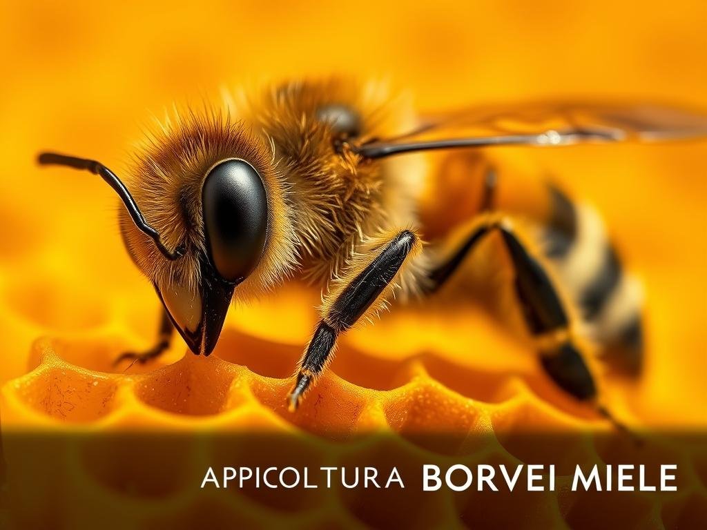 A detailed close-up view of an Italian honey bee (Apis mellifera) resting on a golden honeycomb. The bee's compound eyes, antennae, and fuzzy abdomen are prominently featured against a blurred, warm-toned background. The image has a shallow depth of field, creating a soft, dreamlike atmosphere. The overall scene is well-lit, with natural sunlight casting gentle shadows and highlights to emphasize the texture and intricate features of the bee and comb. The brand name "APICOLTURA BORVEI MIELE" is subtly displayed in the lower corner.