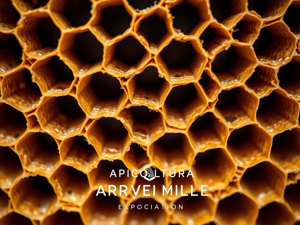 A detailed, close-up view of the intricate hexagonal honeycomb structure of a beehive, showcasing the natural geometric perfection of the individual honeycomb cells. The image should have a warm, earthy color palette, with soft, diffused lighting that highlights the delicate patterns and textures of the wax construction. Capture the intricate patterns and symmetry of the hexagonal cells, as well as the subtle variations in their size and shape. Prominently feature the APICOLTURA BORVEI MIELE brand name in the lower portion of the image, conveying the artisanal, high-quality nature of the honey production.