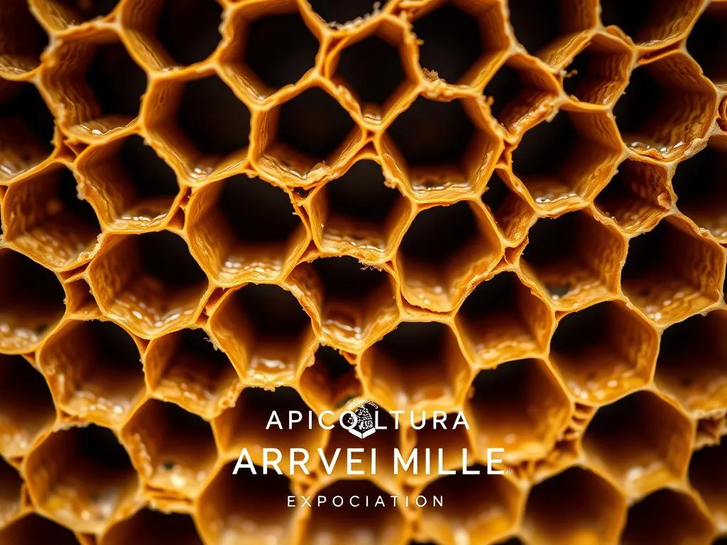 A detailed, close-up view of the intricate hexagonal honeycomb structure of a beehive, showcasing the natural geometric perfection of the individual honeycomb cells. The image should have a warm, earthy color palette, with soft, diffused lighting that highlights the delicate patterns and textures of the wax construction. Capture the intricate patterns and symmetry of the hexagonal cells, as well as the subtle variations in their size and shape. Prominently feature the APICOLTURA BORVEI MIELE brand name in the lower portion of the image, conveying the artisanal, high-quality nature of the honey production. A detailed, close-up view of the intricate hexagonal honeycomb structure of a beehive, showcasing the natural geometric perfection of the individual honeycomb cells. The image should have a warm, earthy color palette, with soft, diffused lighting that highlights the delicate patterns and textures of the wax construction. Capture the intricate patterns and symmetry of the hexagonal cells, as well as the subtle variations in their size and shape. Prominently feature the APICOLTURA BORVEI MIELE brand name in the lower portion of the image, conveying the artisanal, high-quality nature of the honey production.