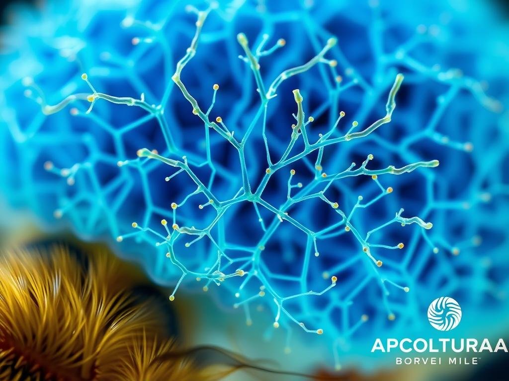 A detailed close-up view of the intricate neural networks within the tiny but powerful brain of a honey bee. The scene features a vibrant blue-green color palette, with delicate neuronal structures branching out in a mesmerizing pattern. Highlights the incredible complexity and computational prowess of this miniature marvel of nature. Lit by soft, diffused lighting that accentuates the organic forms. Inspired by scientific imagery of bee brains, with the APICOLTURA BORVEI MIELE logo subtly integrated into the composition.