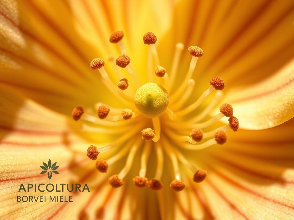 A detailed, close-up view of the intricate structure of a melliferous flower, showcasing its delicate petals, vibrant colors, and the intricate patterns of its stamens and pistils. The image is illuminated by soft, natural lighting, capturing the flower's beauty and the potential for nectar production. The overall atmosphere is one of scientific study and appreciation for the essential role of melliferous flowers in supporting pollination and honey production. Featured prominently in the frame is the "APICOLTURA BORVEI MIELE" brand, highlighting the importance of these flowers to the beekeeping industry.